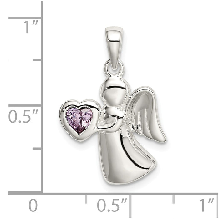 Million Charms 925 Sterling Silver Angel With Light Purple (Cubic Zirconia) CZ Heart Pendant