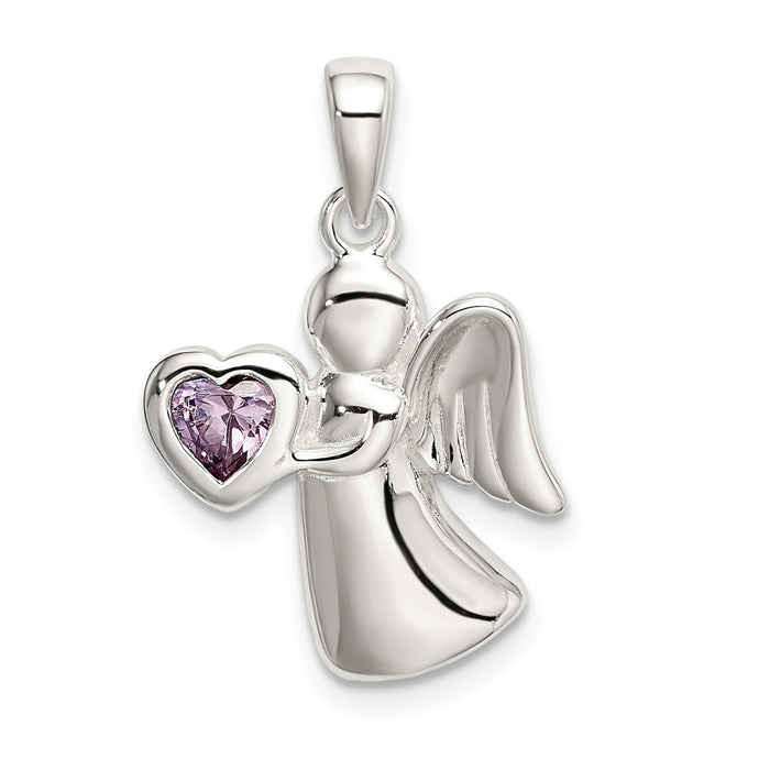 Million Charms 925 Sterling Silver Angel With Light Purple (Cubic Zirconia) CZ Heart Pendant