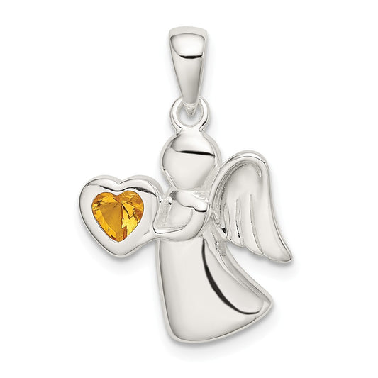 Million Charms 925 Sterling Silver Angel With Yellow (Cubic Zirconia) CZ Heart Pendant