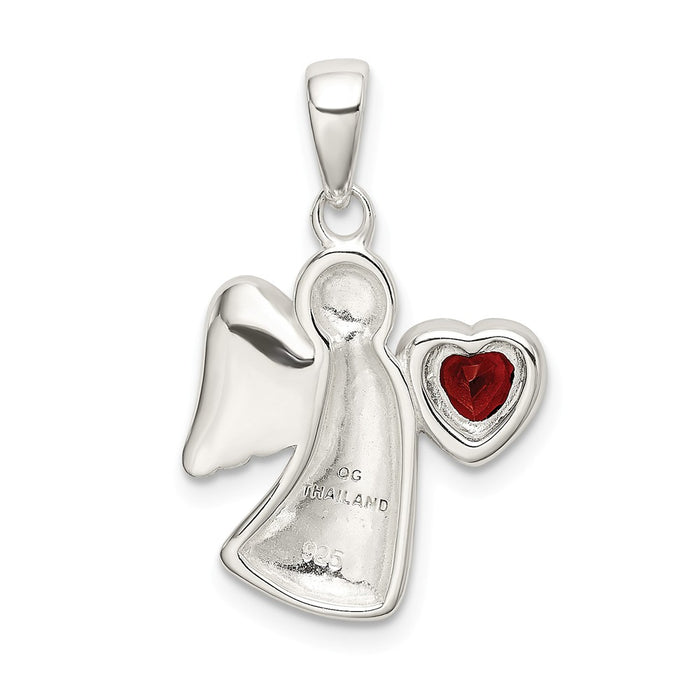 Million Charms 925 Sterling Silver Angel With Dark Red (Cubic Zirconia) CZ Heart Pendant