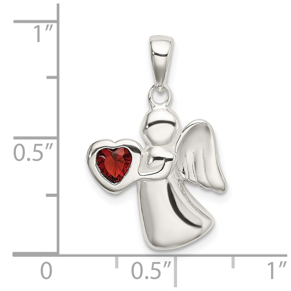 Million Charms 925 Sterling Silver Angel With Dark Red (Cubic Zirconia) CZ Heart Pendant