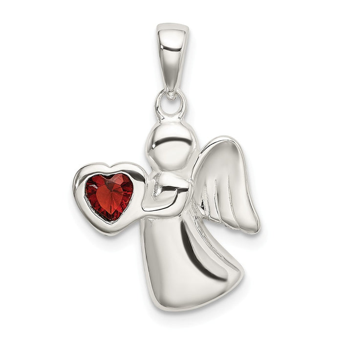 Million Charms 925 Sterling Silver Angel With Dark Red (Cubic Zirconia) CZ Heart Pendant