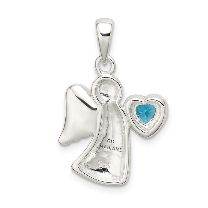 Million Charms 925 Sterling Silver Angel With Blue (Cubic Zirconia) CZ Heart Pendant