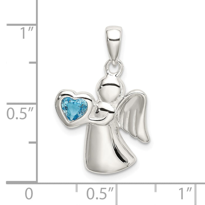 Million Charms 925 Sterling Silver Angel With Blue (Cubic Zirconia) CZ Heart Pendant