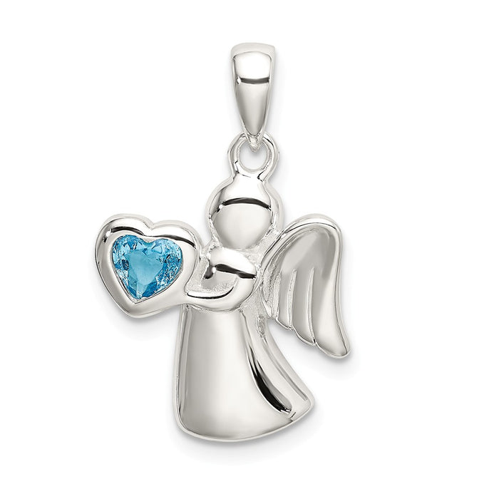 Million Charms 925 Sterling Silver Angel With Blue (Cubic Zirconia) CZ Heart Pendant