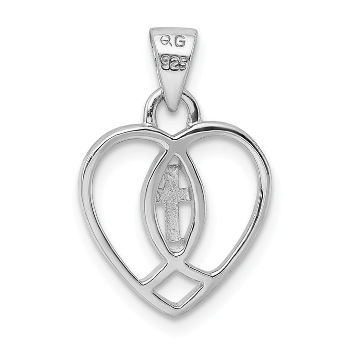 Million Charms 925 Sterling Silver Rhodium-Plated Heart With Ichthus, Relgious Cross Pendant