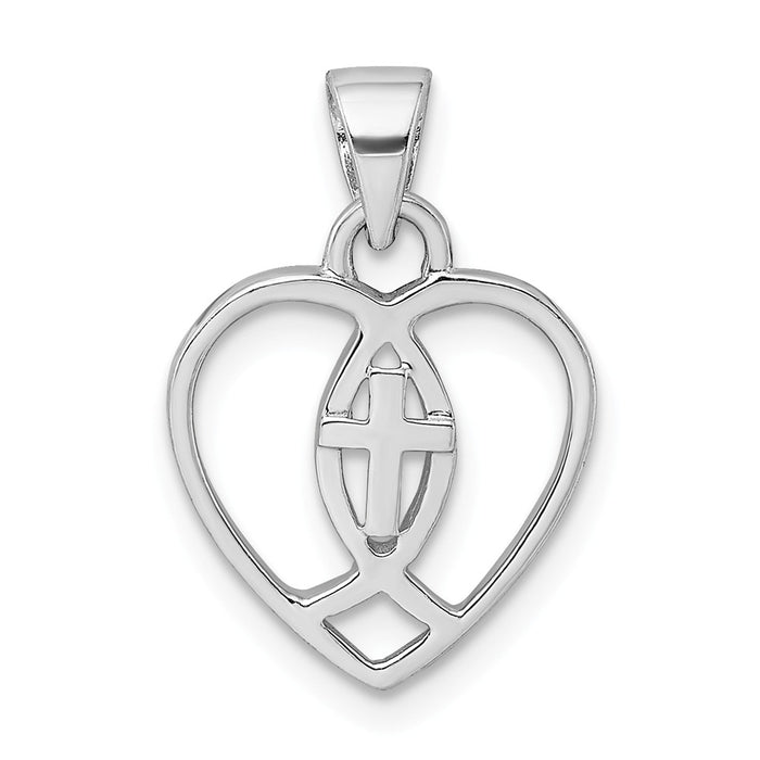Million Charms 925 Sterling Silver Rhodium-Plated Heart With Ichthus, Relgious Cross Pendant