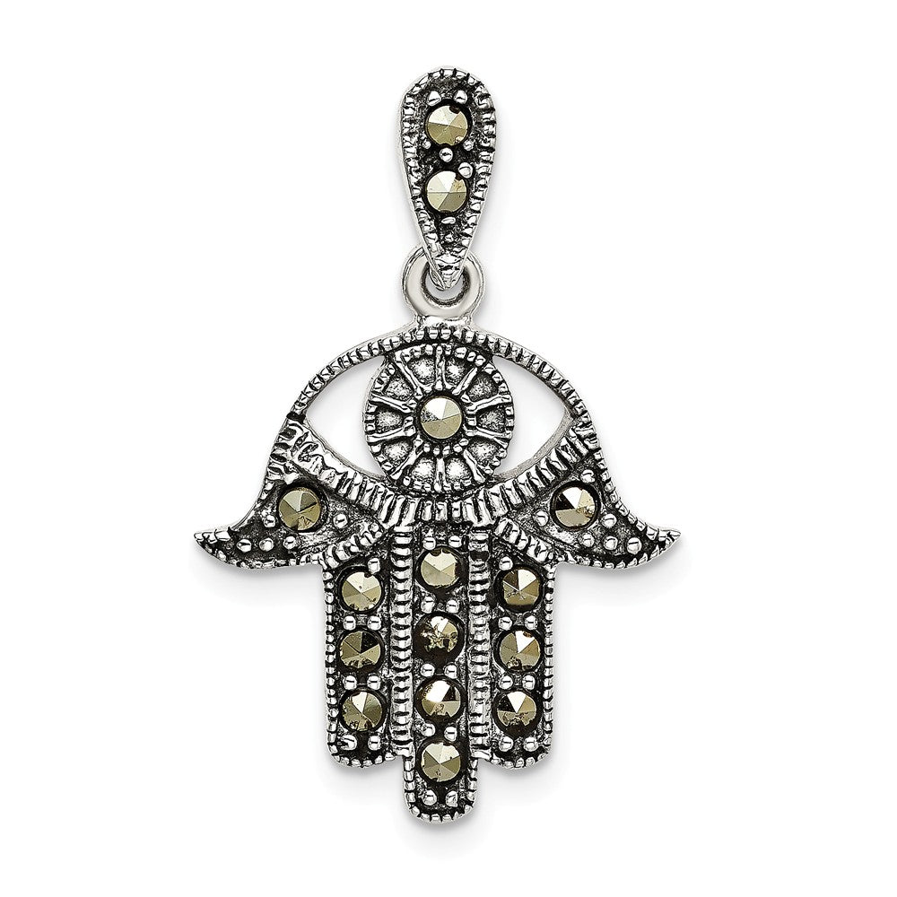 Million Charms 925 Sterling Silver Antiqued Marcasite Chamseh Hand Pendant