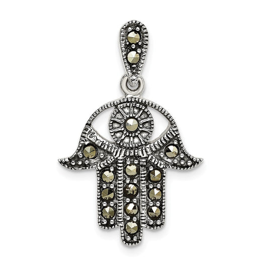 Million Charms 925 Sterling Silver Antiqued Marcasite Chamseh Hand Pendant