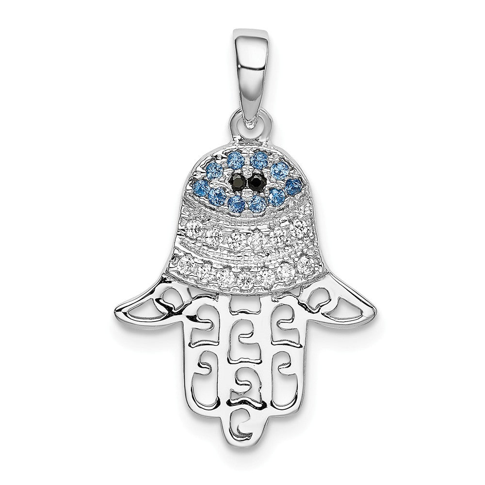 Million Charms 925 Sterling Silver Rhodium-plated Black/White (Cubic Zirconia) CZ Syn. Sapphire Chamseh Hand Pendant