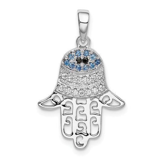 Million Charms 925 Sterling Silver Rhodium-plated Black/White (Cubic Zirconia) CZ Syn. Sapphire Chamseh Hand Pendant