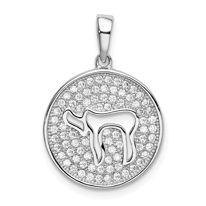 Million Charms 925 Sterling Silver Rhodium-Plated (Cubic Zirconia) CZ Round Chai Pendant