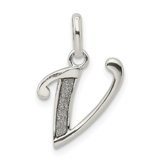 Million Charms 925 Sterling Silver Polished Glitter Enamel Letter V Pendant