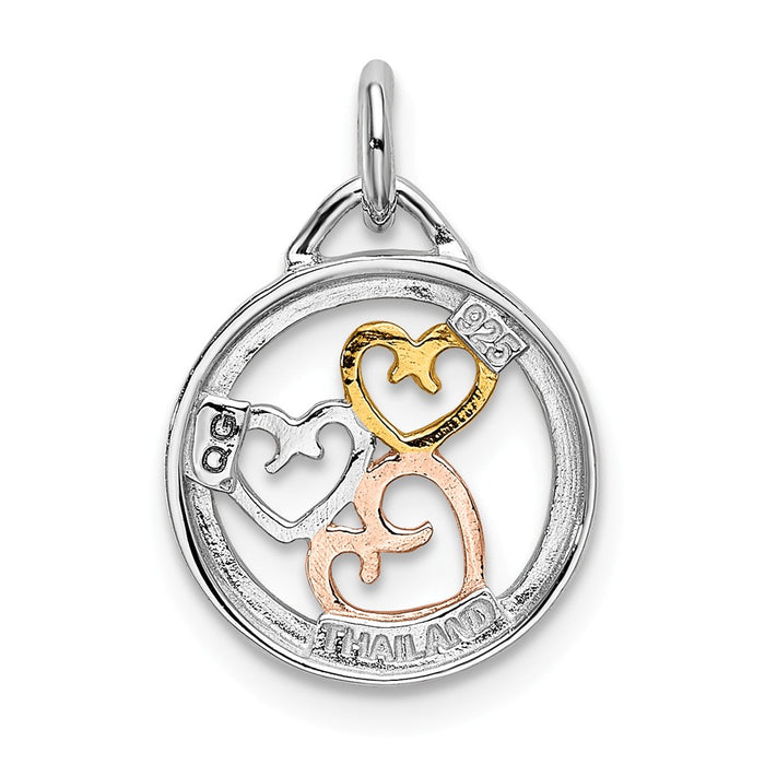 Million Charms 925 Sterling Silver Rhodium, Rose & Gold-Tone Polished Hearts Pendant