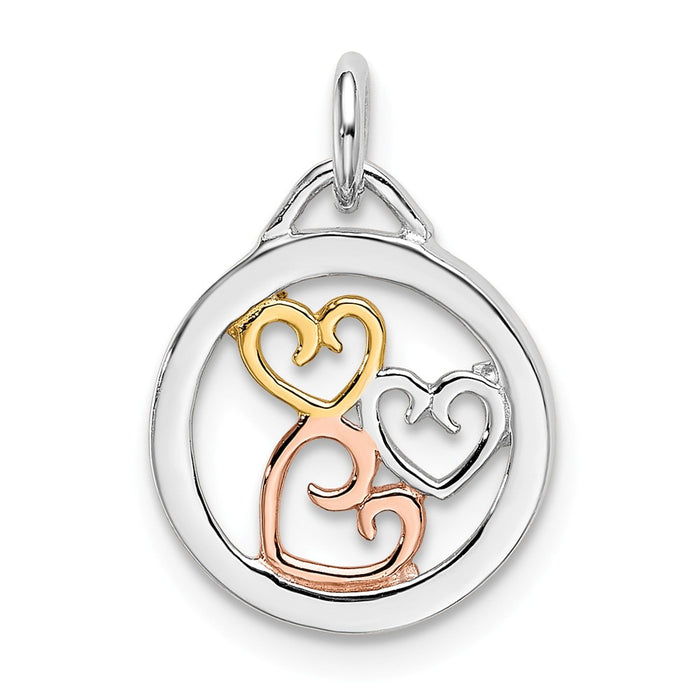 Million Charms 925 Sterling Silver Rhodium, Rose & Gold-Tone Polished Hearts Pendant