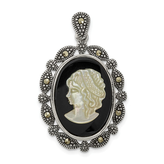 Million Charms 925 Sterling Silver Antiqued Marcasite Black Agate & Mop White Cameo Pendant