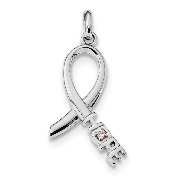 Million Charms 925 Sterling Silver Rhodium-Plated Pink (Cubic Zirconia) CZ Hope Awareness Ribbon Pendant