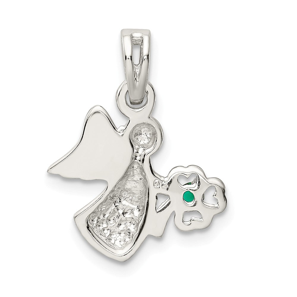 Million Charms 925 Sterling Silver Green Crystal Angel With Lucky Clover  Pendant