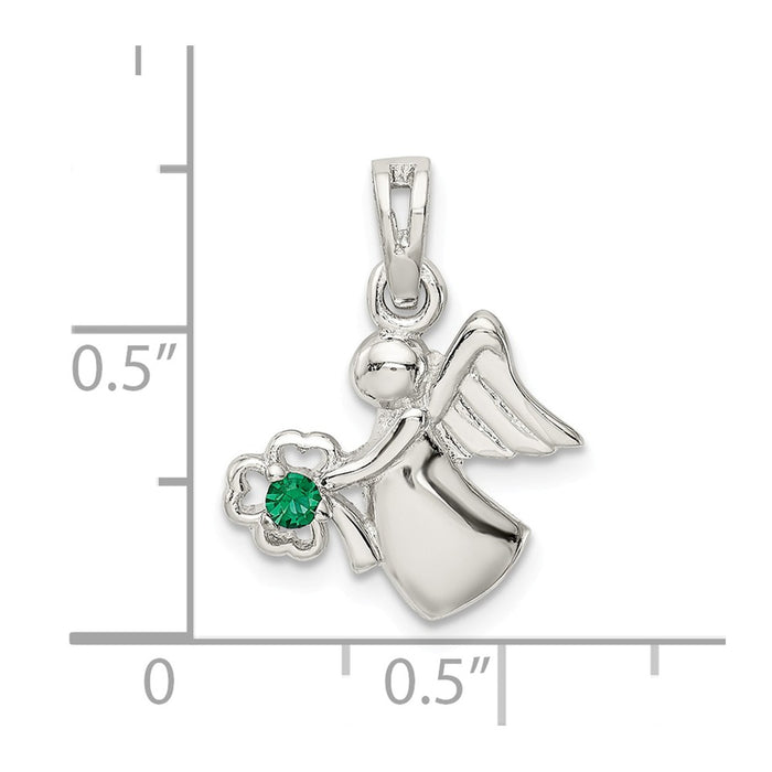 Million Charms 925 Sterling Silver Green Crystal Angel With Lucky Clover  Pendant