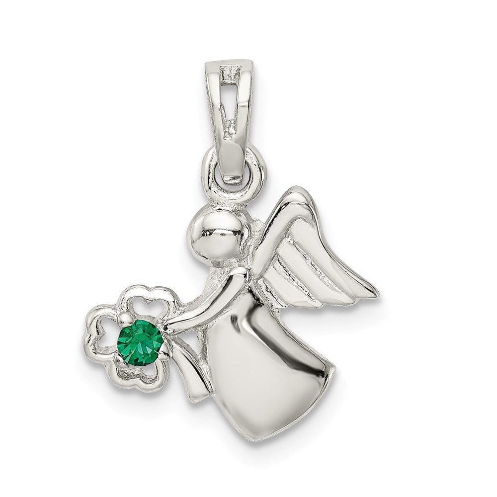 Million Charms 925 Sterling Silver Green Crystal Angel With Lucky Clover  Pendant