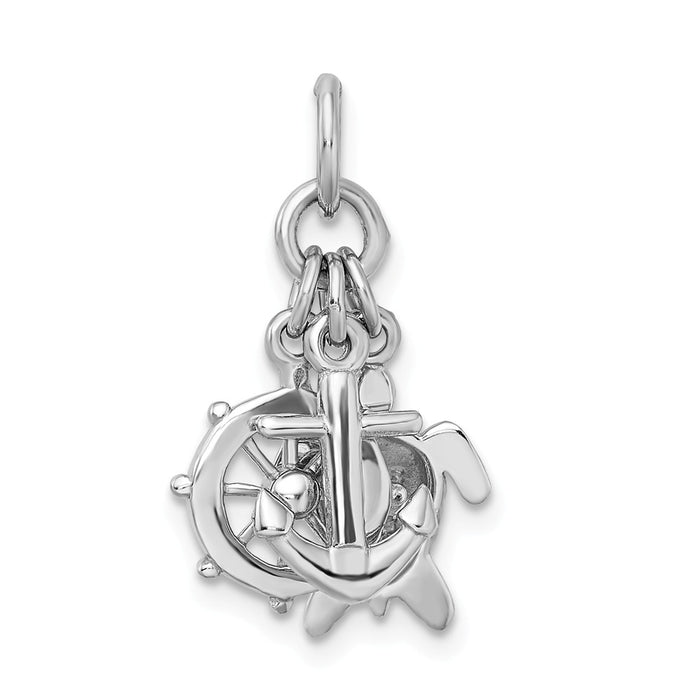 Million Charms 925 Sterling Silver Rhodium-Plated Antiqued Turtle, Nautical Anchor & Wheel Charm