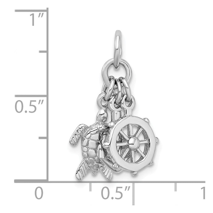 Million Charms 925 Sterling Silver Rhodium-Plated Antiqued Turtle, Nautical Anchor & Wheel Charm