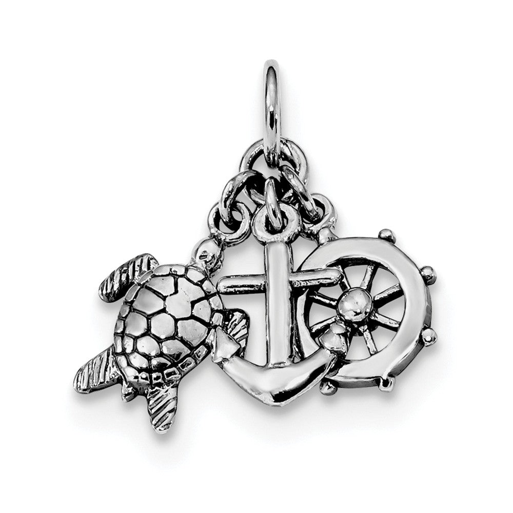 Million Charms 925 Sterling Silver Rhodium-Plated Antiqued Turtle, Nautical Anchor & Wheel Charm