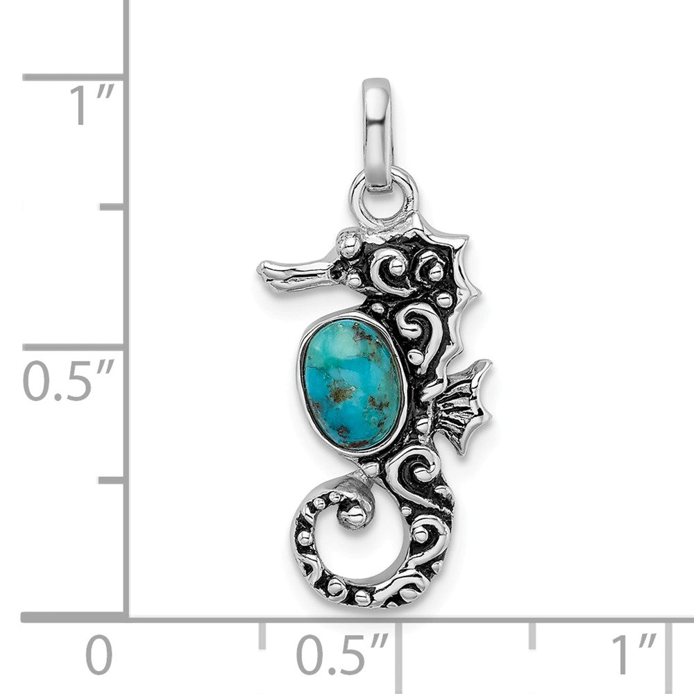 Million Charms 925 Sterling Silver Rhodium/Oxidized Recon. Turquoise Nautical Seahorse Pendant