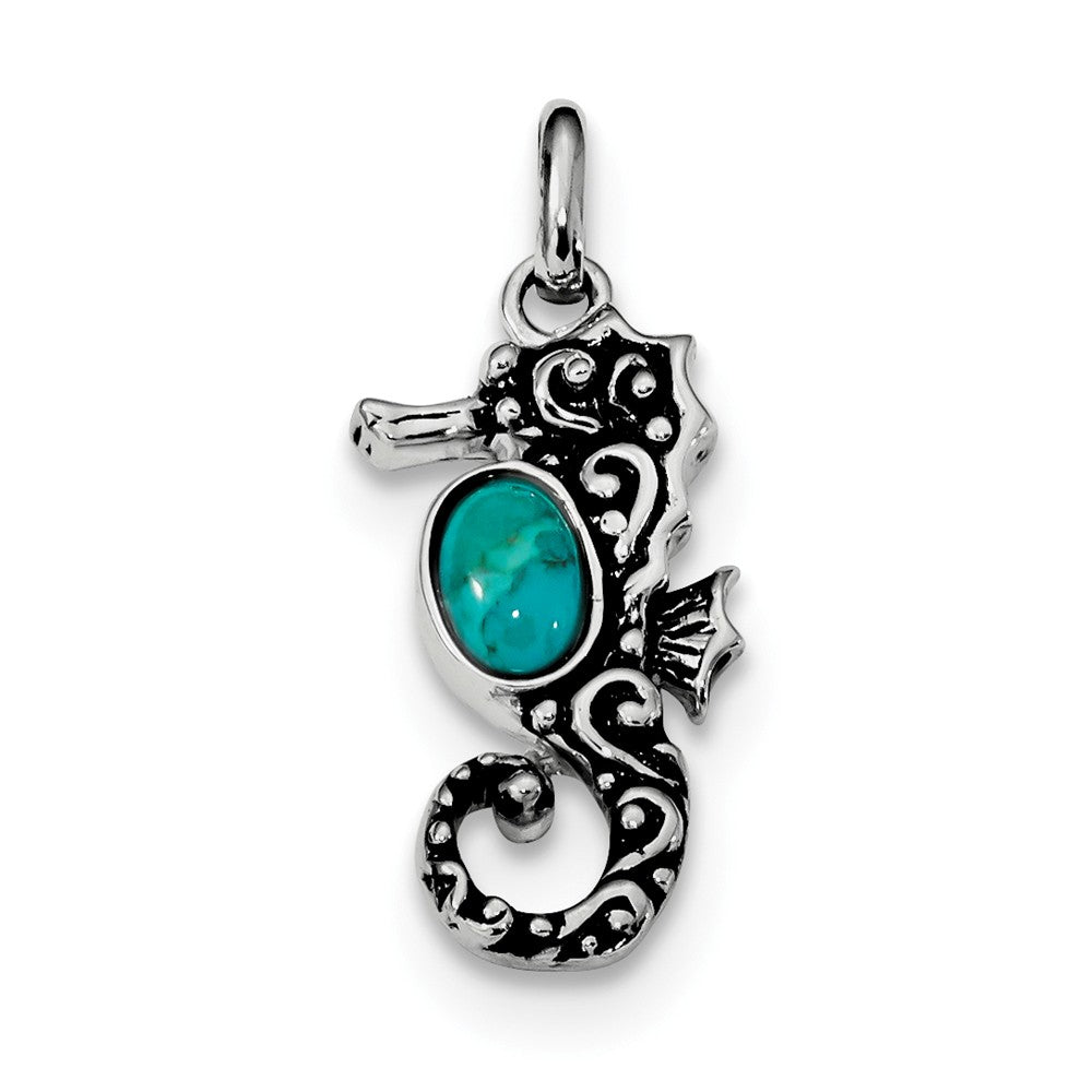 Million Charms 925 Sterling Silver Rhodium/Oxidized Recon. Turquoise Nautical Seahorse Pendant