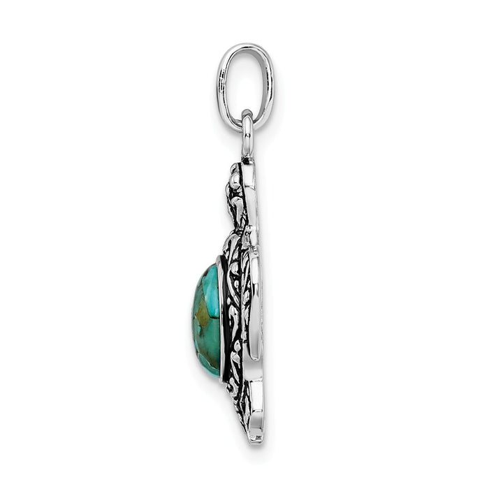 Million Charms 925 Sterling Silver Rhodium/Oxidized Reconstituted Turquoise Turtle Pendant