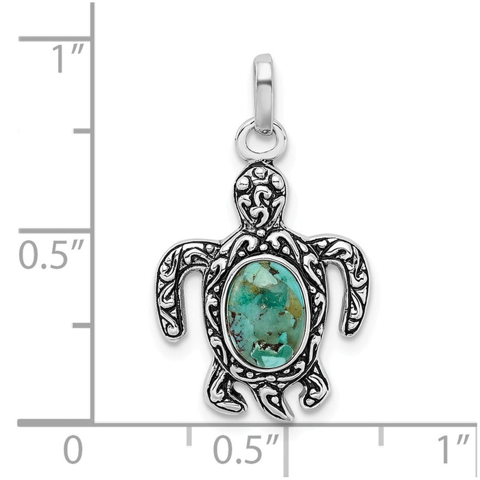 Million Charms 925 Sterling Silver Rhodium/Oxidized Reconstituted Turquoise Turtle Pendant