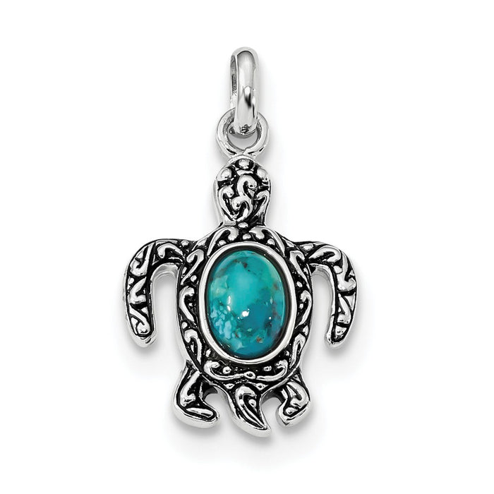 Million Charms 925 Sterling Silver Rhodium/Oxidized Reconstituted Turquoise Turtle Pendant