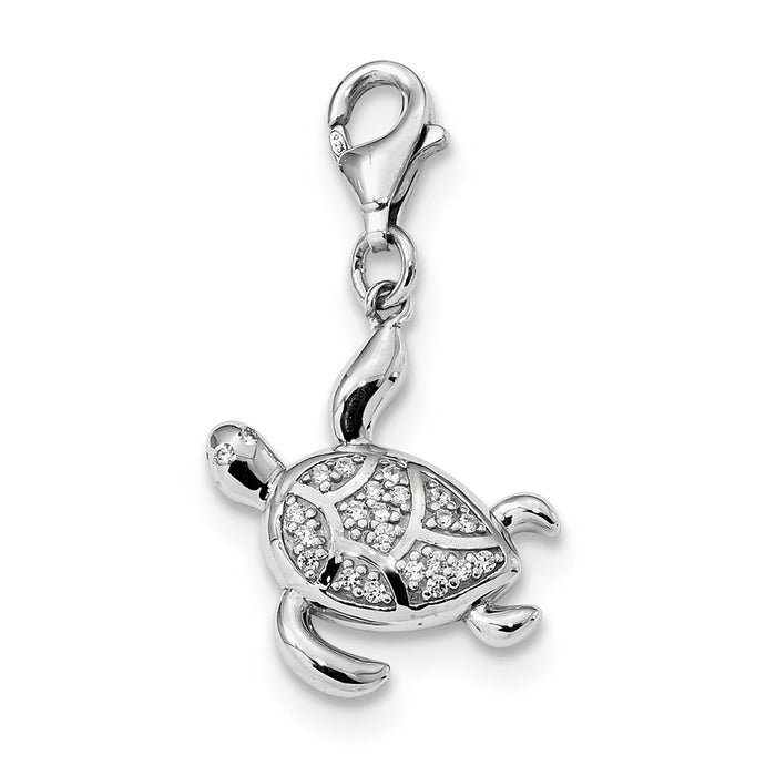 Million Charms 925 Sterling Silver Rhodium-Plated (Cubic Zirconia) CZ Sea Turtle With Lobster Clasp Charm