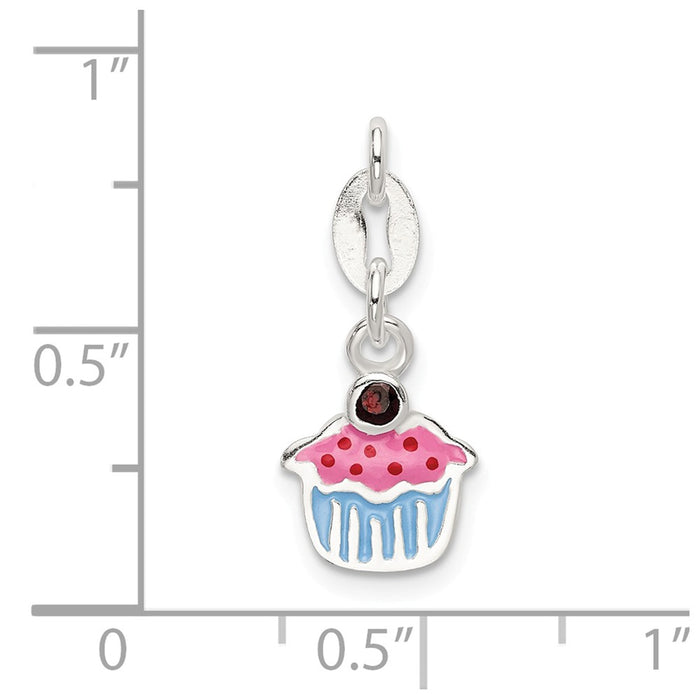 Million Charms 925 Sterling Silver Polished, Enameled Cupcake With Garnet Charm