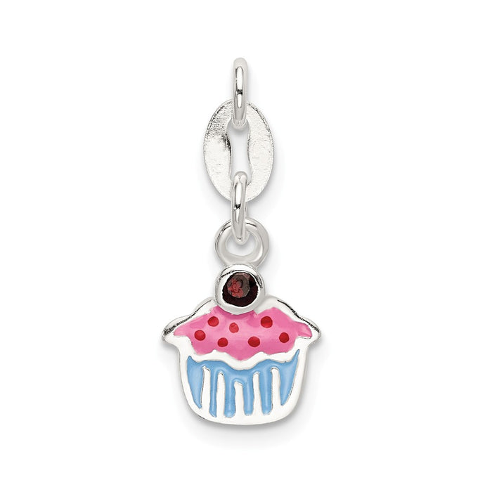Million Charms 925 Sterling Silver Polished, Enameled Cupcake With Garnet Charm