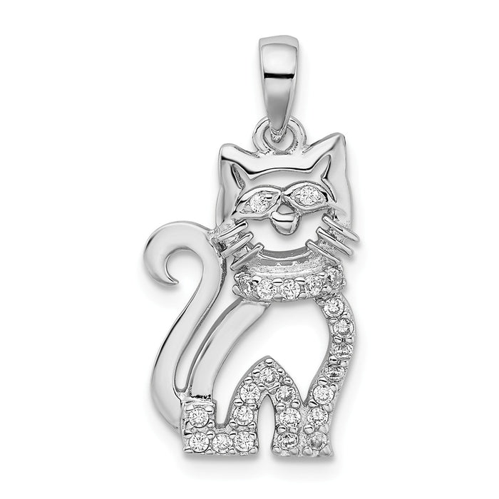 Million Charms 925 Sterling Silver Rhodium-Plated (Cubic Zirconia) CZ Cat Pendant