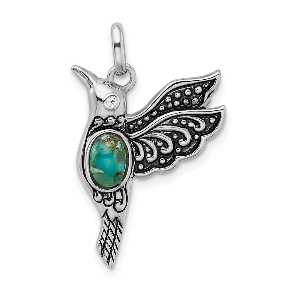 Million Charms 925 Sterling Silver Rhodium/Oxidized Recon. Turq/(Cubic Zirconia) CZ Hummingbird Pendant