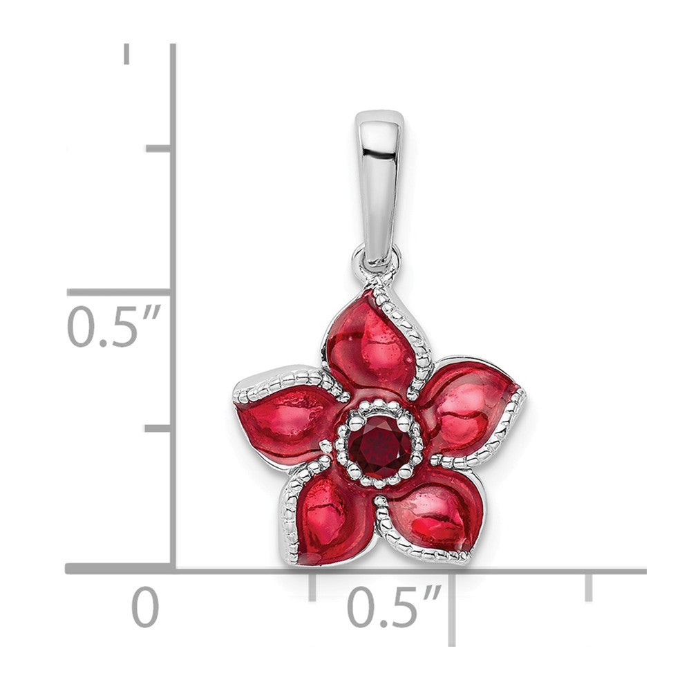 Million Charms 925 Sterling Silver Created Ruby, Enamel Flower Pendant
