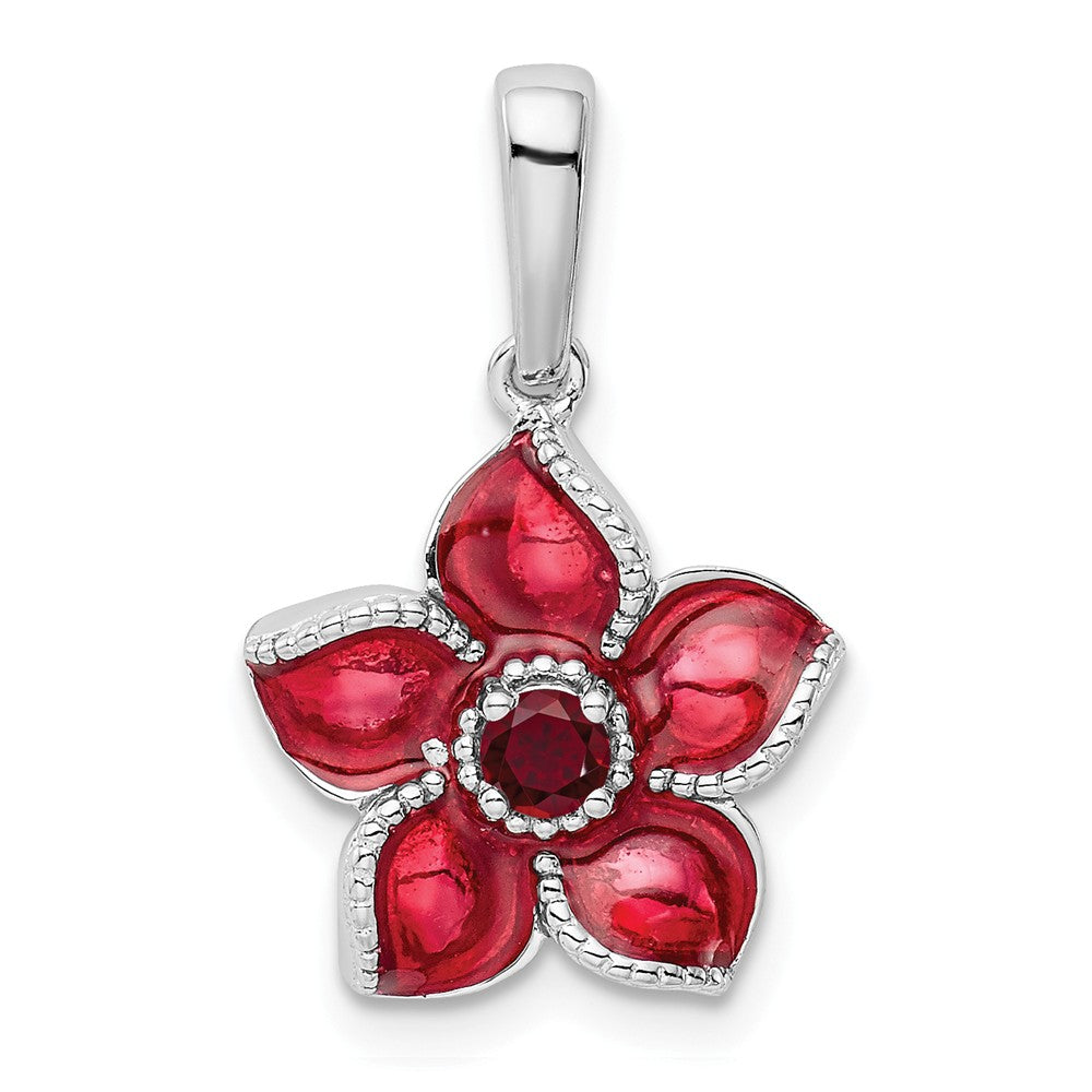 Million Charms 925 Sterling Silver Created Ruby, Enamel Flower Pendant