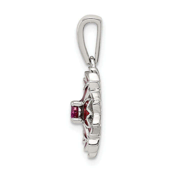 Million Charms 925 Sterling Silver Created Ruby, Enamel Flower Pendant