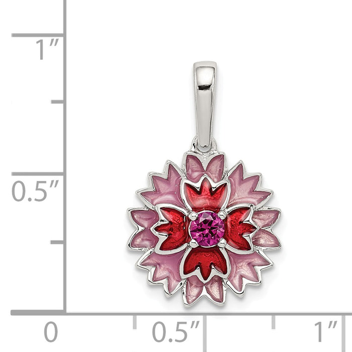 Million Charms 925 Sterling Silver Created Ruby, Enamel Flower Pendant