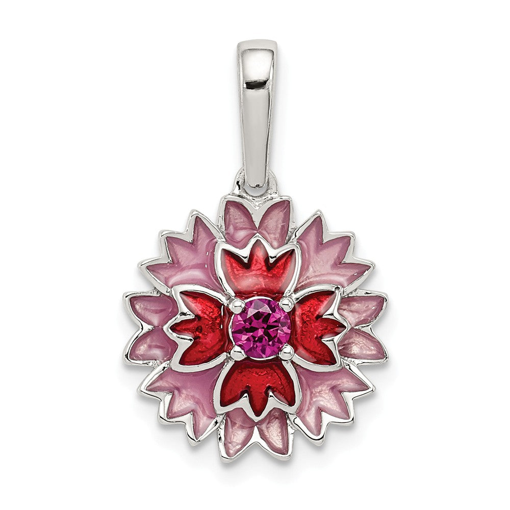Million Charms 925 Sterling Silver Created Ruby, Enamel Flower Pendant