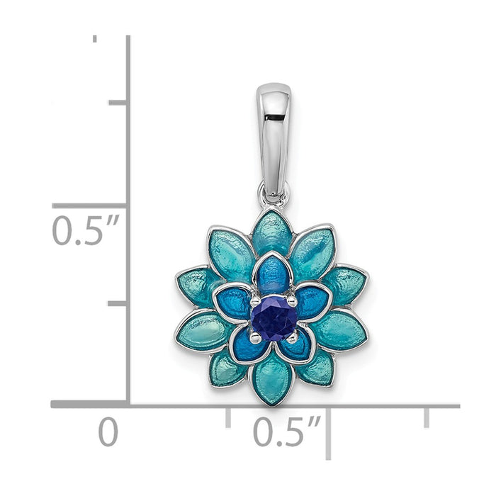 Million Charms 925 Sterling Silver Created Sapphire, Enamel Flower Pendant