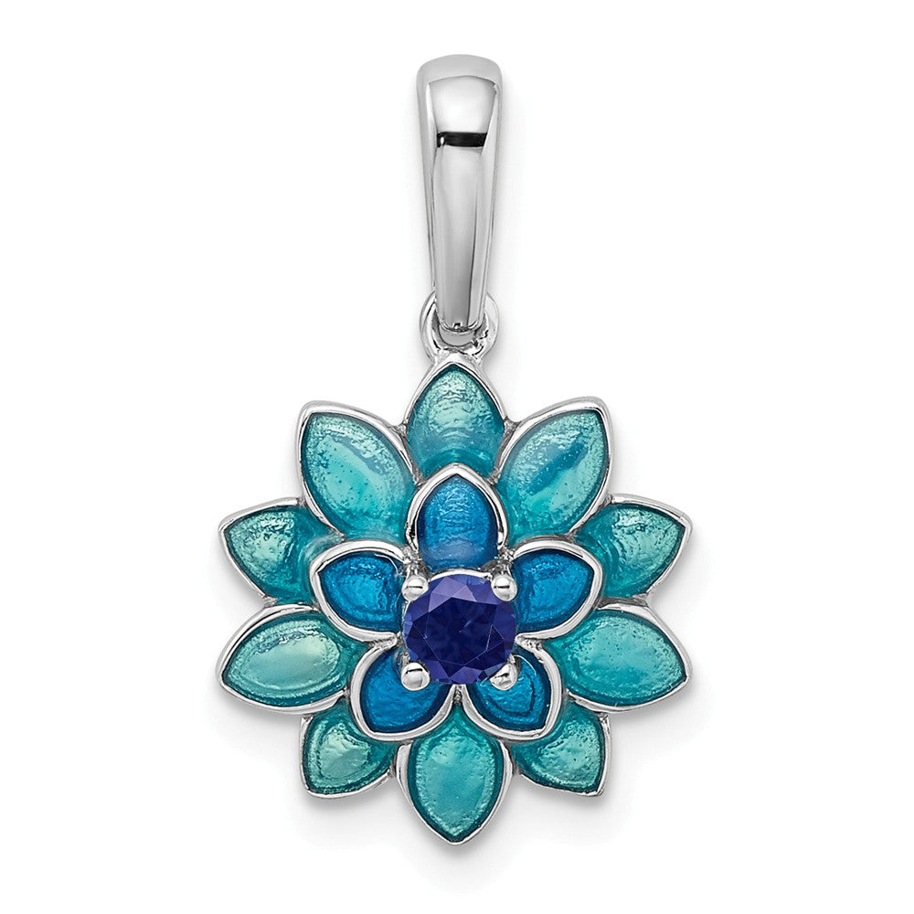 Million Charms 925 Sterling Silver Created Sapphire, Enamel Flower Pendant
