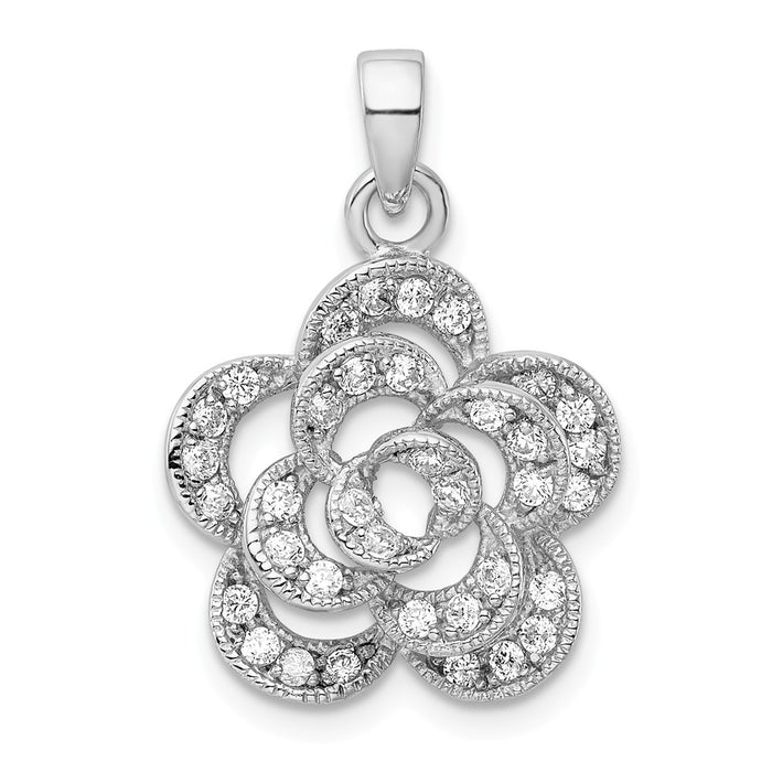 Million Charms 925 Sterling Silver Rhodium-Plated (Cubic Zirconia) CZ Flower Pendant