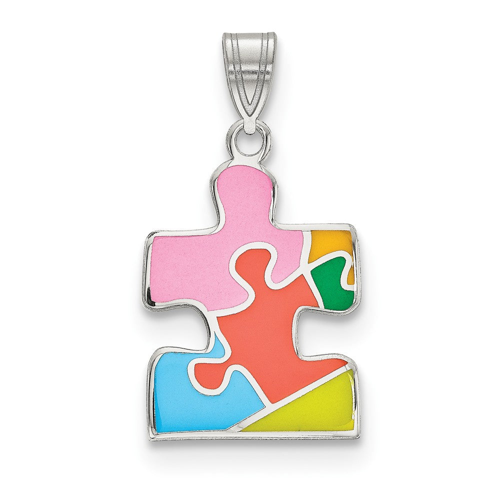 Million Charms 925 Sterling Silver Rhod-Plated Enameled Autism Puzzle Piece Pendant