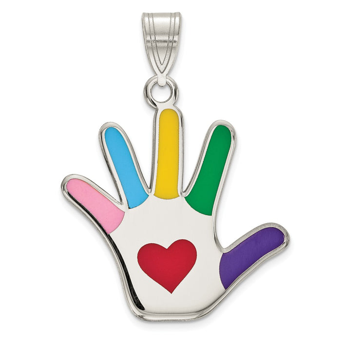 Million Charms 925 Sterling Silver Rhod-Plate Enamel Autism With Heart Handprint Pendant