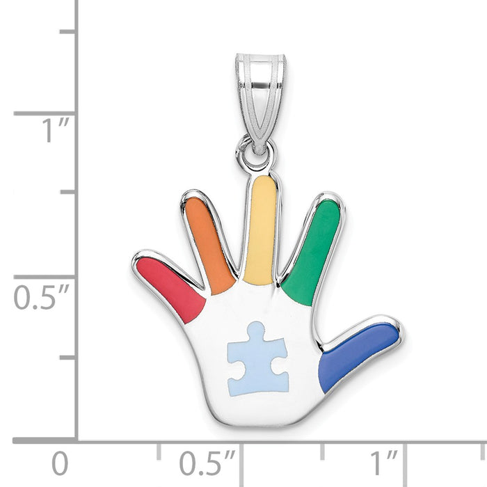 Million Charms 925 Sterling Silver Rhod-Plate Enamel Autism With Puzzle Piece Handprint Pendant