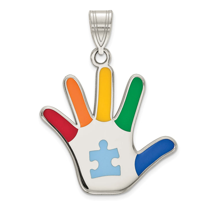 Million Charms 925 Sterling Silver Rhod-Plate Enamel Autism With Puzzle Piece Handprint Pendant