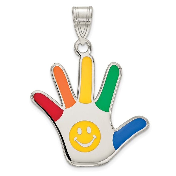 Million Charms 925 Sterling Silver Rhod-Plate Enamel Autism With Smiley Face Handprint Pendant